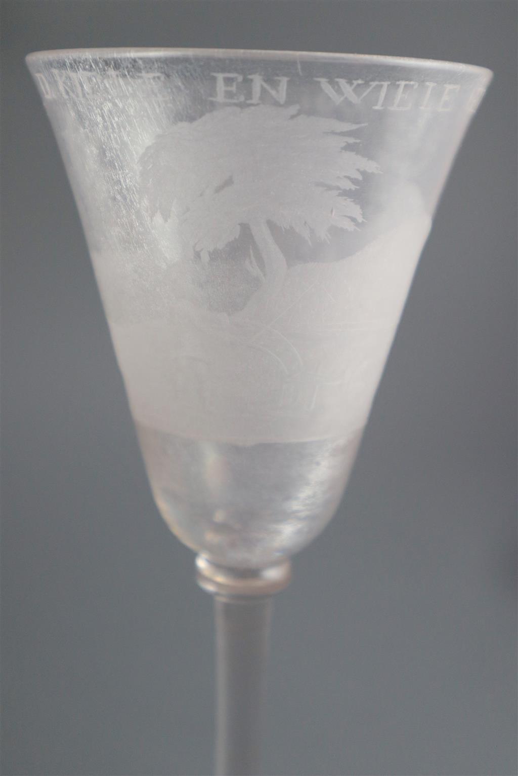 A Dutch wheel engraved wine glass, c.1750, 18cm high